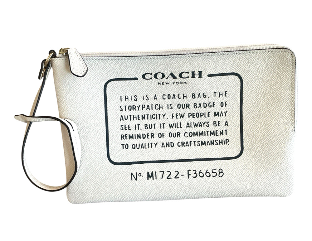 COACH Large Cream Leather Storypatch Creed Clutch Corner Zip Pouch Wristlet NEW